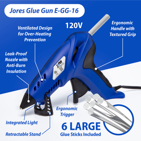 Infografía azul y blanca que destaca varias características de una pistola de pegamento azul y negra. Incluye 6 barras de pegamento grandes transparentes