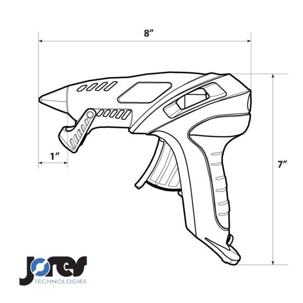 Infografía en blanco y negro de un boceto de pistola de pegamento que muestra medidas con el logotipo de Jores Technologies en la parte inferior izquierda, 8 x 7 pulgadas