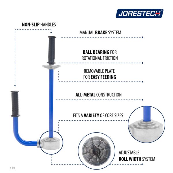 Partes de envolvedora manual de film stretch para palets. Las características destacadas incluyen: mangos antideslizantes, sistema de freno manual, rodamiento de bolas para fricción rotacional, placa extraíble para facilitar la carga, construcción totalmente metálica, compatible con una variedad de tamaños de núcleo y sistema de ancho de rollo ajustable