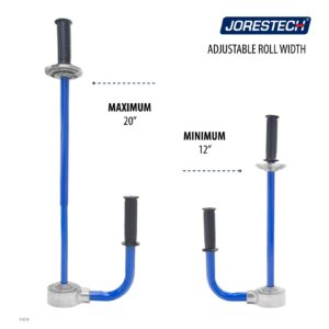 diagrama titulado ancho ajustable del rollo que muestra la altura máxima y mínima para el aplicador manual de film stretch y en la parte superior derecha. A la izquierda, el aplicador stretch se muestra en su ajuste más largo con un texto que dice