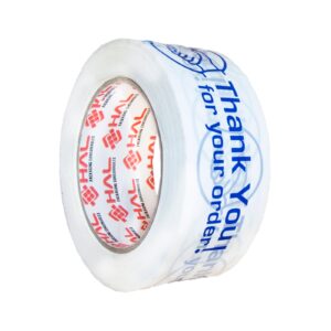 rollo blanco de embalaje con mensaje azul que dice