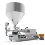 Una máquina llenadora de pasta con pistón de alta viscosidad JORES TECHNOLOGIES®. Llenadora de pistón fabricada en acero inoxidable