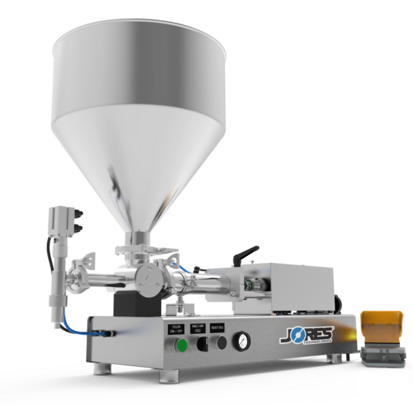 Una máquina llenadora de pasta con pistón de alta viscosidad JORES TECHNOLOGIES®. Llenadora de pistón fabricada en acero inoxidable