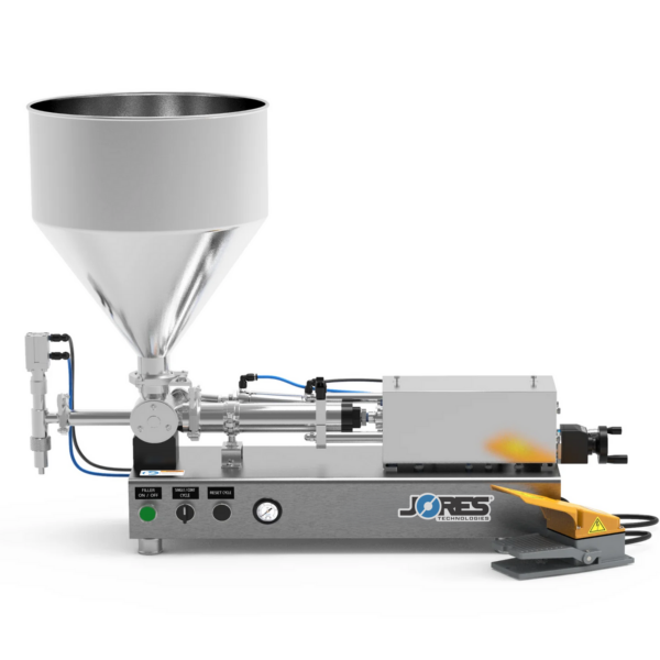 Una llenadora de pistón para pastas de alta viscosidad JORES TECHNOLOGIES® en vista frontal. La llenadora de pistón está fabricada en acero inoxidable y hay un pedal amarillo y gris apoyado a un lado.