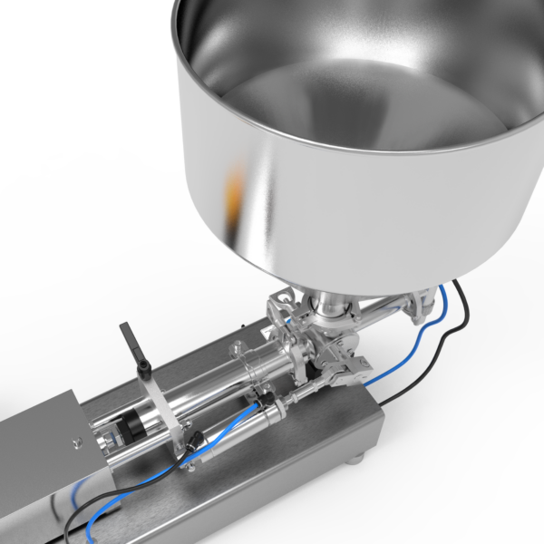 Primer plano de la apertura de la tolva de acero inoxidable de la llenadora de pistón para pasta de alta viscosidad