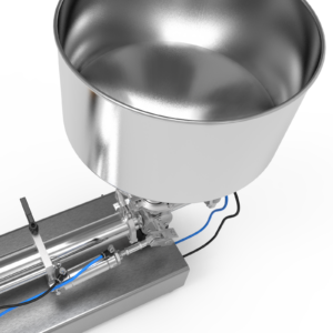 Primer plano de la abertura de la tolva de acero inoxidable de la llenadora de pistón para pasta de alta viscosidad