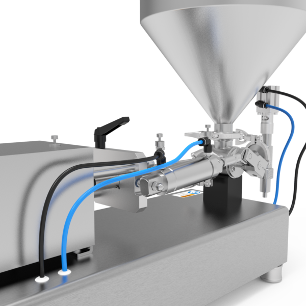 Primer plano de la base de la tolva de la llenadora de pistón HV de JORES TECHNOLOGIES®