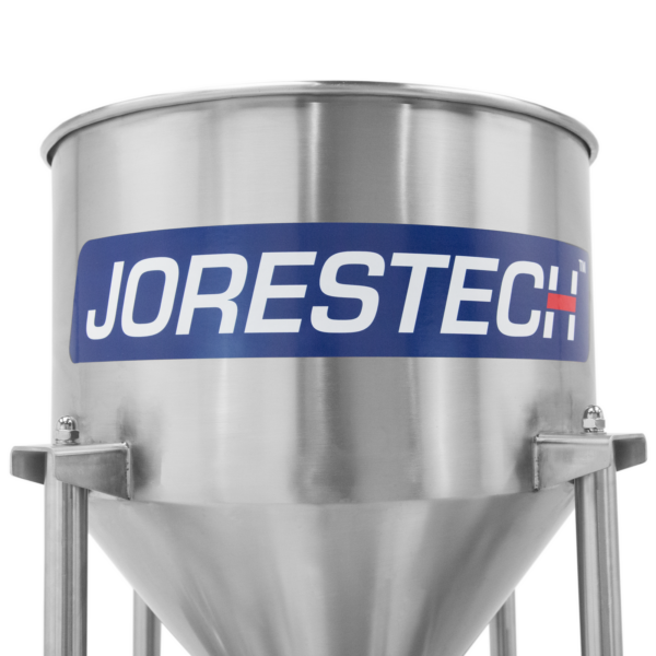 Primer plano de la tolva de la llenadora de pistón para alta viscosidad de acero inoxidable JORES TECHNOLOGIES®