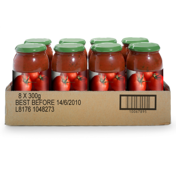 Una bandeja de cartón con una caja de vidrio con 6 tomates en su interior. La bandeja de cartón tiene números grandes impresos en el lateral, realizados con la codificadora de cajas por inyección de tinta Linx IJ375.