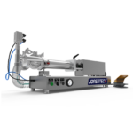 Máquina llenadora de pistón de baja viscosidad JORES TECHNOLOGIES®. La llenadora de pistón está fabricada en acero inoxidable 316 y 304, y hay un pedal amarillo y gris apoyado en el lateral.