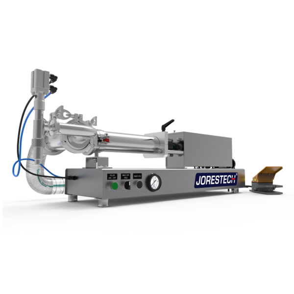 Máquina llenadora de pistón de baja viscosidad JORES TECHNOLOGIES®. La llenadora de pistón está fabricada en acero inoxidable 316 y 304, y hay un pedal amarillo y gris apoyado en el lateral.