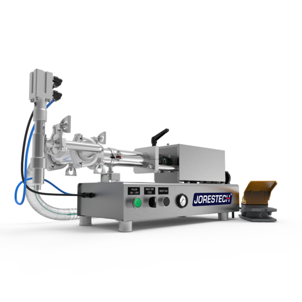Máquina de llenado por pistón de baja viscosidad para mostrador de JORES TECHNOLOGIES®. El llenador por pistón está fabricado en acero inoxidable y hay un pedal amarillo y gris apoyado al costado.