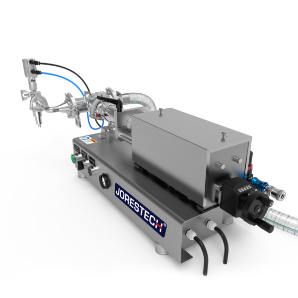 Máquina de llenado de líquidos de baja viscosidad JORES TECHNOLOGIES® de acero inoxidable 316 SS para 250 ml. El regulador de volumen de llenado, la manguera principal de entrada y el conector de aire comprimido se aprecian fácilmente