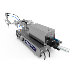 Máquina llenadora de líquidos de baja viscosidad JORES TECHNOLOGIES® vista desde la parte trasera. Se aprecian fácilmente el ajustador del volumen de llenado, la manguera principal de entrada y el conector de aire comprimido.