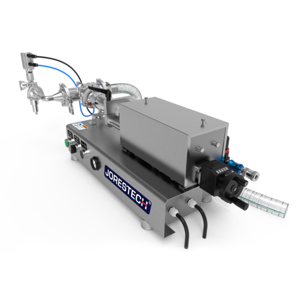 Máquina llenadora de líquidos de baja viscosidad JORES TECHNOLOGIES® vista desde la parte trasera. Se aprecian fácilmente el ajustador del volumen de llenado, la manguera principal de entrada y el conector de aire comprimido.