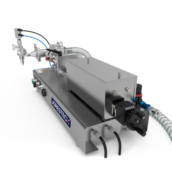 Máquina de llenado de líquidos de baja viscosidad JORES TECHNOLOGIES® mostrada desde la parte trasera. Se pueden apreciar fácilmente el ajustador del volumen de llenado, la manguera principal de entrada y el conector de aire comprimido.