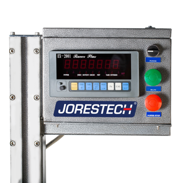 Primer plano del panel de control digital del llenador de peso neto líquido JORES TECHNOLOGIES®