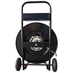 Parte trasera de un carrito metálico negro con ruedas para fleje de polipropileno manual Jorestech para tarimas