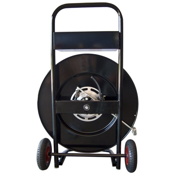 Parte trasera de un carrito metálico negro con ruedas para fleje de polipropileno manual Jorestech para tarimas