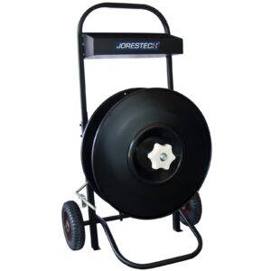 Carro manual negro para fleje de polipropileno para palés JORES TECHNOLOGIES® con dispensador de núcleo de 8 pulgadas y ruedas