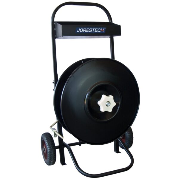 Carro manual negro para fleje de polipropileno para palés JORES TECHNOLOGIES® con dispensador de núcleo de 8 pulgadas y ruedas