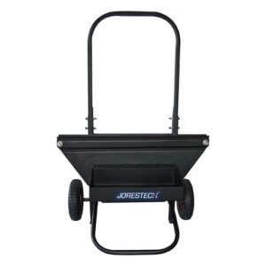 Frente de un carro dispensador manual de fleje de acero para palets JORES TECHNOLOGIES® negro con ruedas