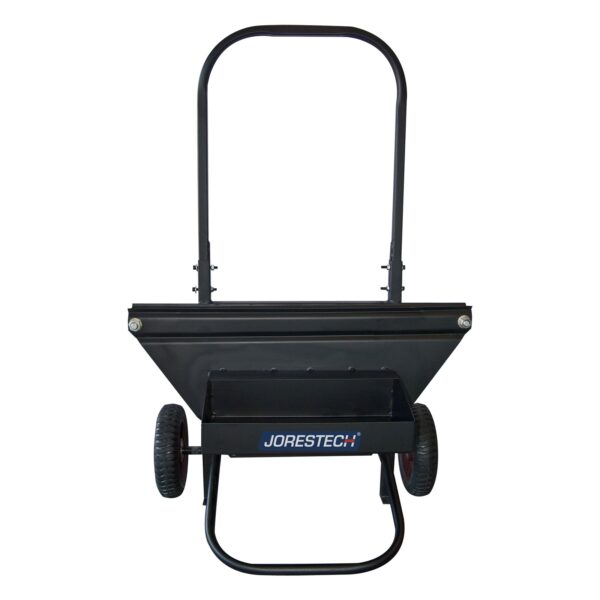 Frente de un carro dispensador manual de fleje de acero para palets JORES TECHNOLOGIES® negro con ruedas
