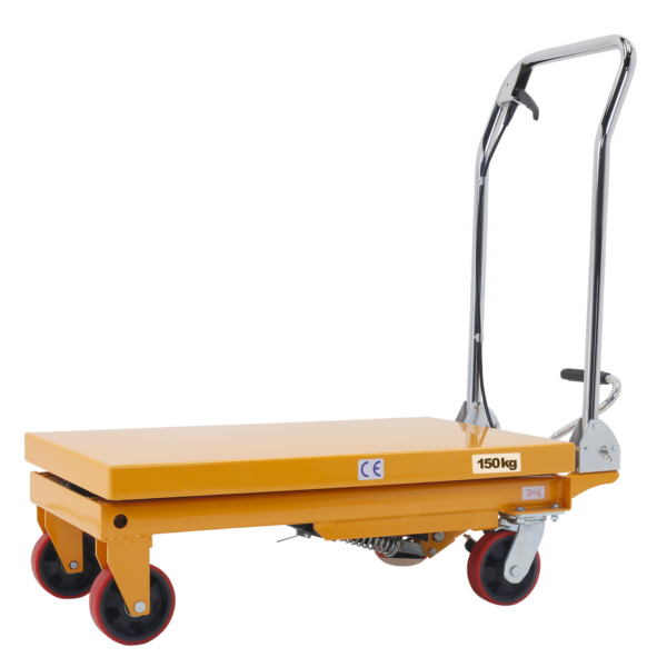 Vista lateral de una mesa elevadora tijera móvil amarilla JORES TECHNOLOGIES® para 150 kg. La mesa está completamente plegada