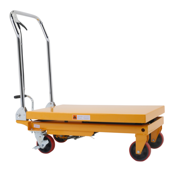 Mesa elevadora hidráulica negra y amarilla para 300 kg. La mesa está completamente bajada.