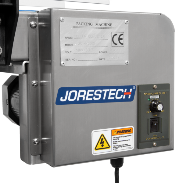 panel de control gris con logotipo azul de JORES TECHNOLOGIES® y unidad de control de velocidad