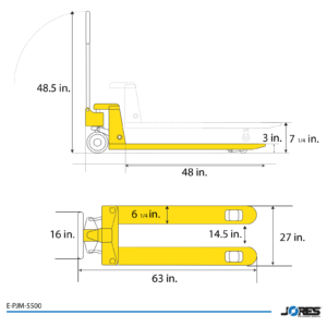 Diagrama que muestra las dimensiones del transpalé JORES TECHNOLOGIES® para 5500 libras