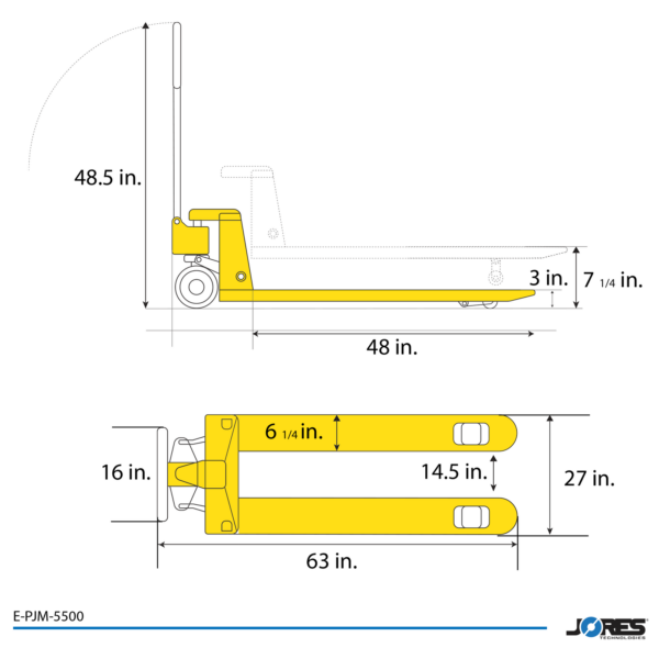 Diagrama que muestra las dimensiones del transpalé JORES TECHNOLOGIES® para 5500 libras