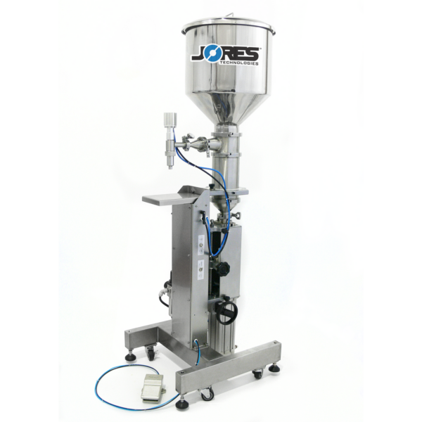 Llenadora neumática de pistón para pastas de alta viscosidad de acero inoxidable con tolva de alta capacidad y pedal de pie de JORES TECHNOLOGIES®
