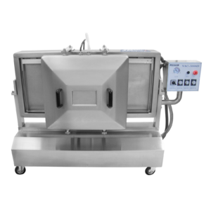 Frontal de la selladora al vacío de doble cámara reclinable JORES TECHNOLOGIES®. La cámara y la estructura de sellado de la máquina están en posición vertical.