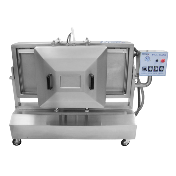 Frontal de la selladora al vacío de doble cámara reclinable JORES TECHNOLOGIES®. La cámara y la estructura de sellado de la máquina están en posición vertical.