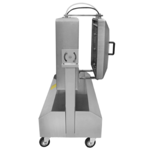 Lado de la selladora al vacío comercial de doble cámara reclinable JORES TECHNOLOGIES® de acero inoxidable de 220v con doble barra de sellado de 20 pulgadas. La parte de sellado de la máquina de vacío está colocada en posición vertical