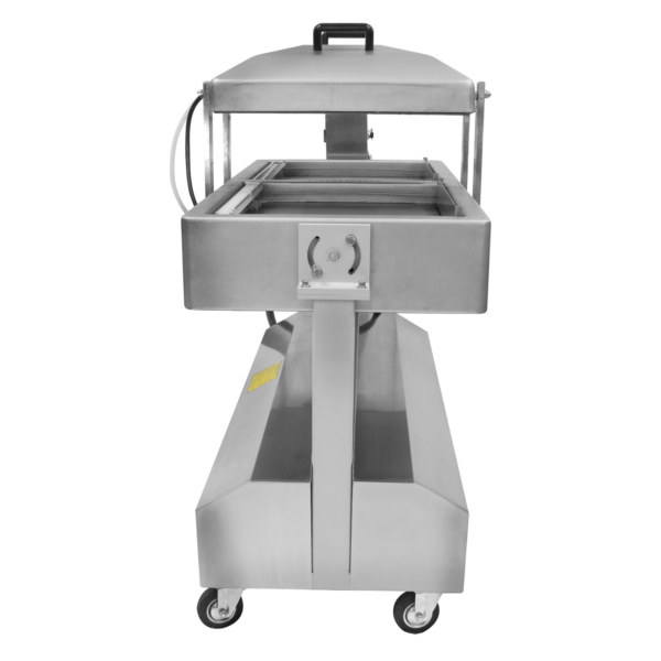 Lado de la selladora al vacío comercial de doble cámara reclinable JORES TECHNOLOGIES® de acero inoxidable 220V con doble barra de sellado de 20 pulgadas. Las cámaras están posicionadas en vertical y la tapa está abierta, mostrando las 2 barras de sellado.