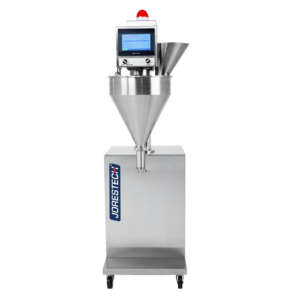 Vista frontal de una máquina dispensadora de polvo semiautomática de acero inoxidable. La máquina está encendida y colocada sobre un fondo blanco.