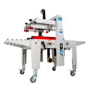 Máquina selladora de cajas semiautomática para cajas pequeñas y medianas con barras laterales de tracción rojas y logotipo de JORES TECHNOLOGIES®