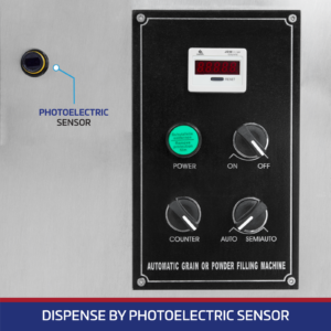 Panel de control del llenador volumétrico JORES TECHNOLOGIES® y del interruptor ojo mágico. El texto dice