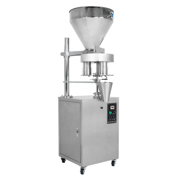 El llenador volumétrico semiautomático de acero inoxidable JORES TECHNOLOGIES® para productos granulares de flujo libre en vista diagonal sobre