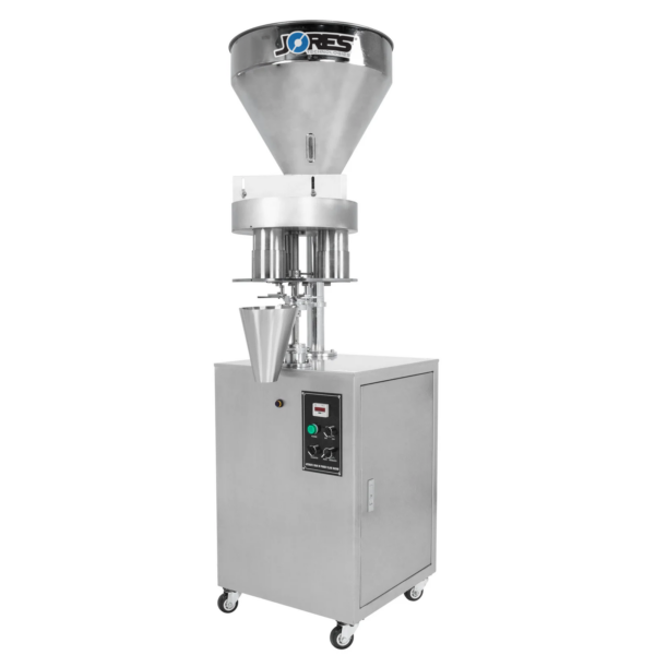Llenadora volumétrica semiautomática JORES TECHNOLOGIES® de acero inoxidable para productos granulares de flujo libre de 1000 ml en vista diagonal sobre fondo blanco