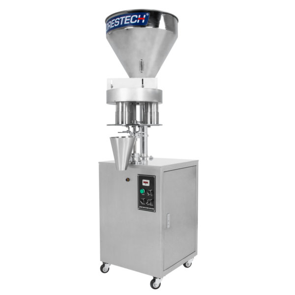 Llenadora volumétrica semiautomática JORES TECHNOLOGIES® de acero inoxidable para productos granulares de flujo libre en vista diagonal sobre fondo blanco