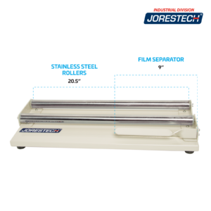 Dispensador de rollo de film retráctil de plástico JORES TECHNOLOGIES® mostrando las medidas de los rodillos de acero inoxidable (20.5
