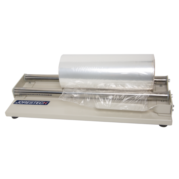 Dispensador de rollos de film retráctil de plástico con un rollo de retracción colocado y listo para usar.
