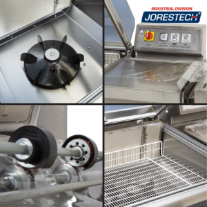 Primer plano de 4 tomas que muestran diferentes características del sistema de acero inoxidable tipo cámara JORES TECHNOLOGIES®, incluyendo: ventilador de la cámara, panel de control y dispensador de film JORES TECHNOLOGIES®, separador de film y bandeja de cámara ajustable.