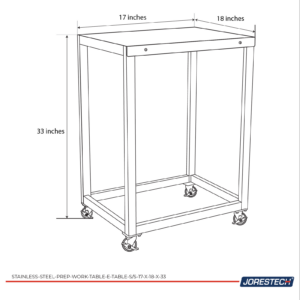 Infografía que describe las medidas de la mesa de acero inoxidable, que son 17x18x3