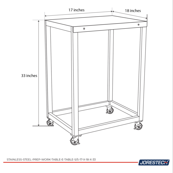 Infografía que describe las medidas de la mesa de acero inoxidable, que son 17x18x3