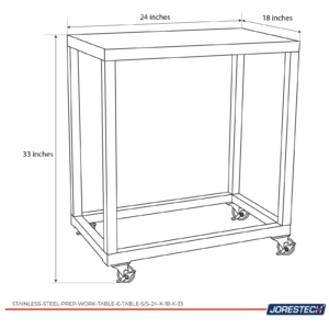 Infografía que describe las medidas de la mesa de acero inoxidable, que son 24x18x33