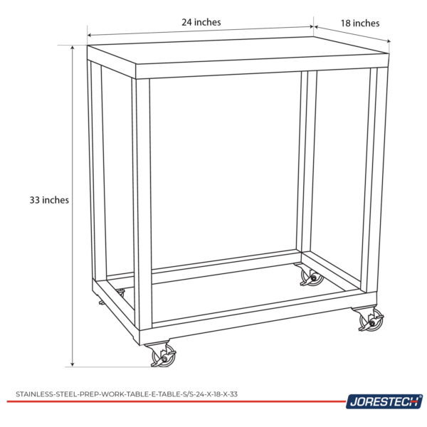 Infografía que describe las medidas de la mesa de acero inoxidable, que son 24x18x33